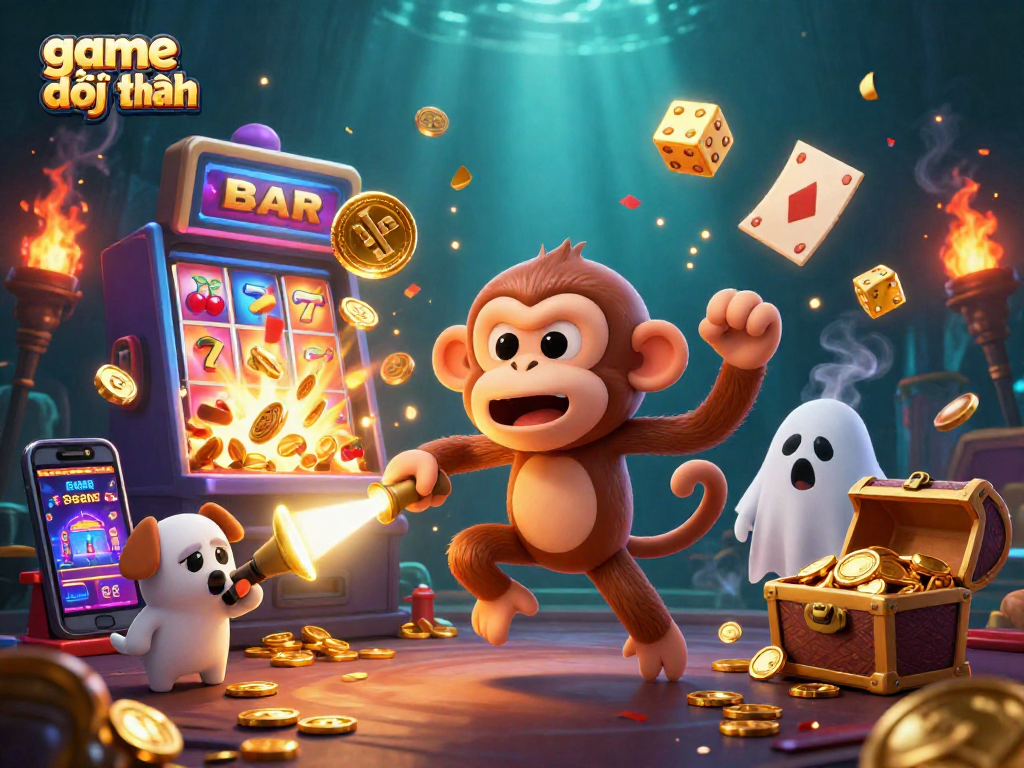Engage with the thrilling world of game đổi thưởng as a playful monkey juggles golden casino tokens in a haunted setting.