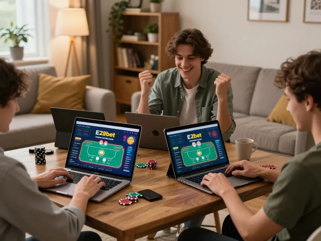 E2bet players celebrating wins while using laptops in a cozy home gaming setup