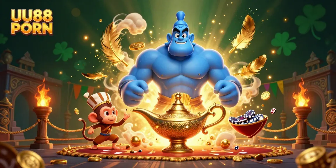 Experience gaming excitement with UU88 PORN, featuring a genie, monkey, and poker chips in a vibrant casino atmosphere.