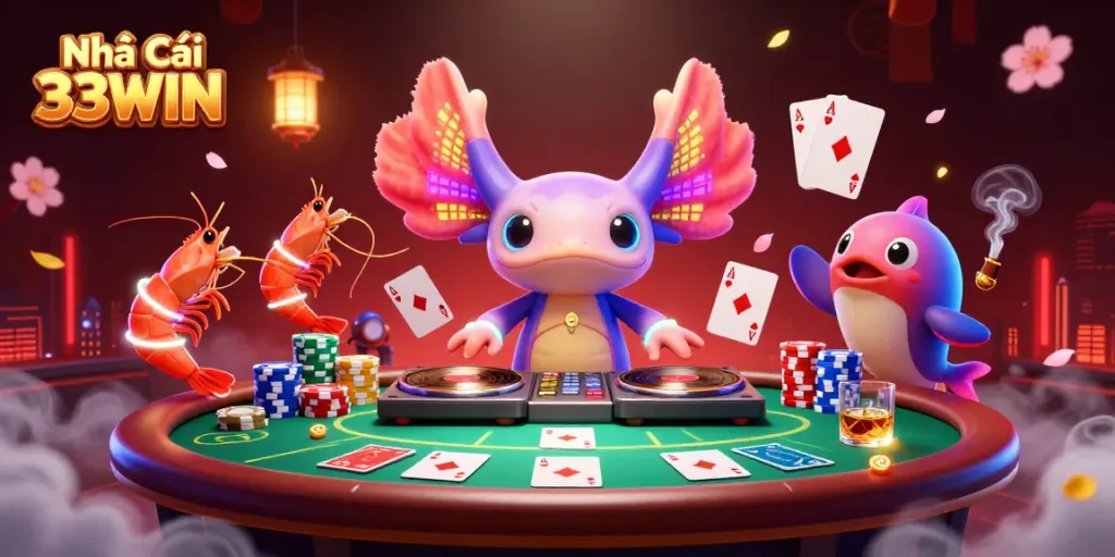 Join the excitement at Nhà Cái 33WIN, where a neon axolotl DJ spins in an underwater casino scene full of vibrant gameplay.