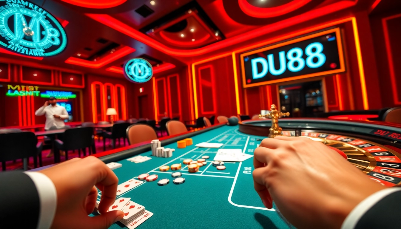 Action-packed scene of a casino table featuring DU88, poker chips, and a vibrant roulette wheel.