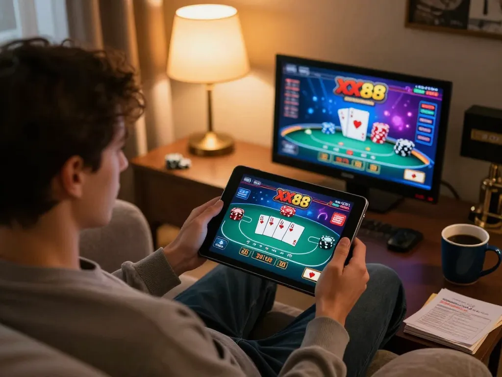Engaging in a thrilling poker game on XX88 through a tablet, showcasing a comfortable home gaming atmosphere.