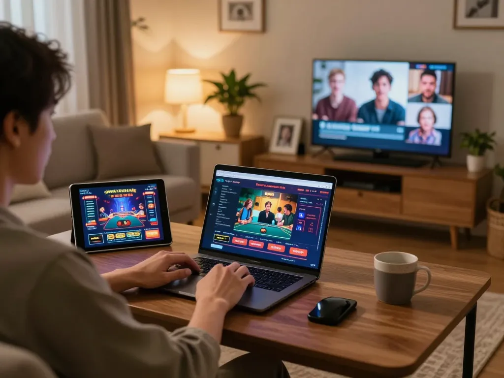 Engaging online gaming session featuring sunwin casino app on laptop in a cozy living room.