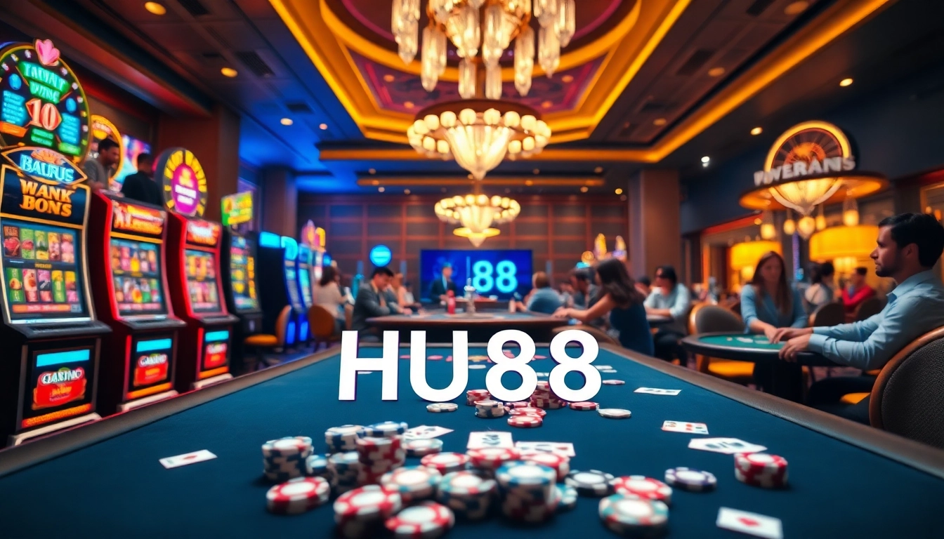 Engage in the thrill of gambling at a stylish casino with HU88 displayed amid lively poker action.