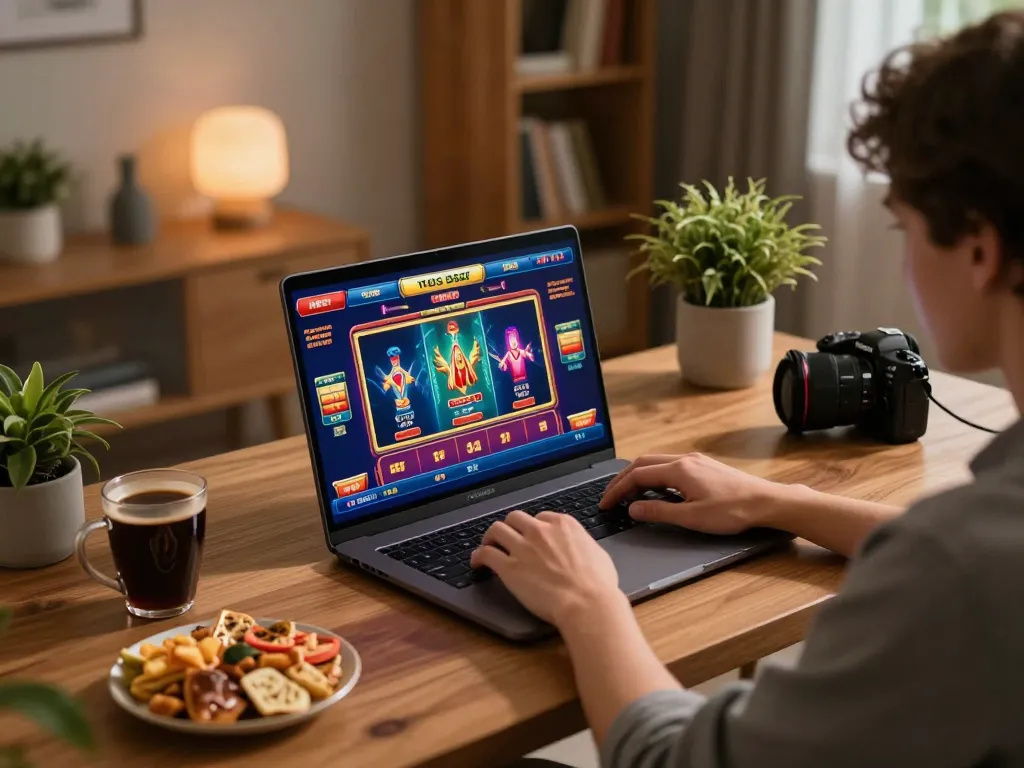Playing Hbet casino games on a stylish desk setup with vibrant online gameplay and cozy atmosphere.