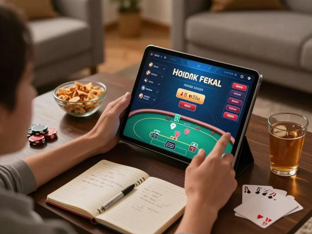 Engaging in online gaming by downloading tải go88, player strategizing on a tablet in a cozy home environment.