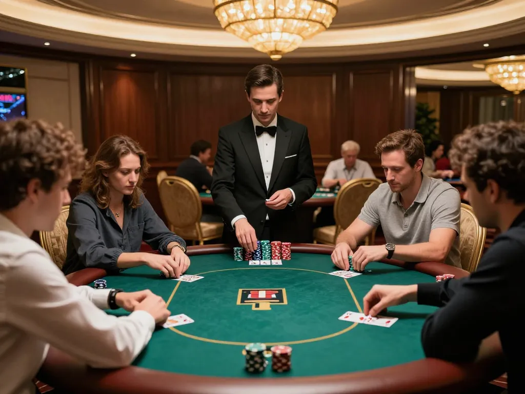 Players engaging in SHBET poker game in an upscale casino VIP room, showcasing a strategic and luxurious gaming experience.