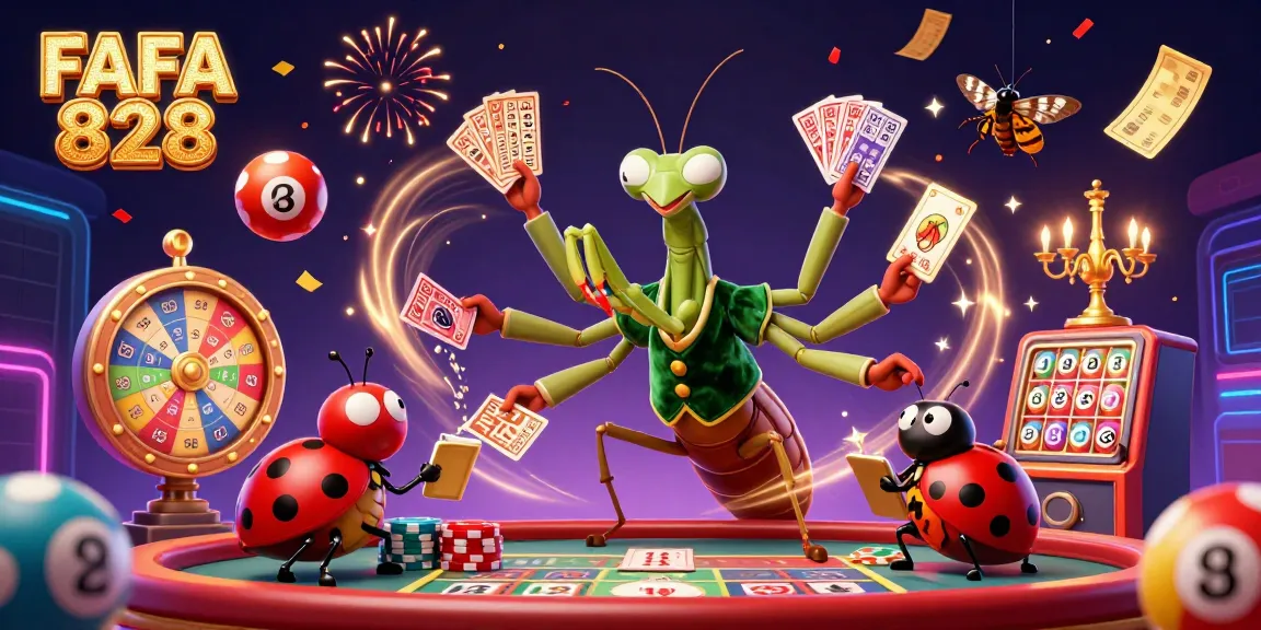 Experience FAFA 828 thrills in this vibrant casino scene with animated lottery elements.