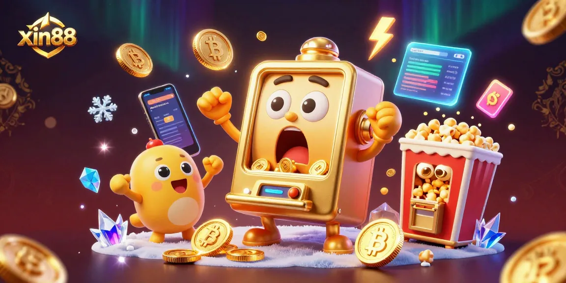 Spin the reels and win big at xin88, featuring a vibrant 3D illustration of a jackpot celebration with slot machines and cryptocurrencies.