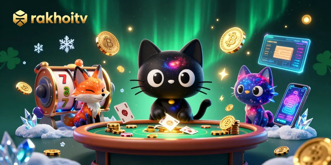 Experience rakhoitv at a vibrant cosmic casino, with a black hole cat and nebula fox playing games.