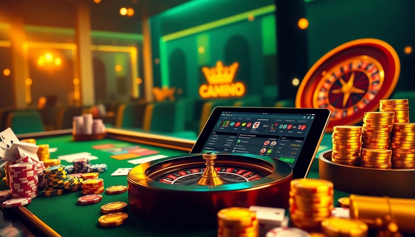 Experience thrilling online gameplay at fun88 with vibrant casino tables, poker chips, and a roulette wheel.