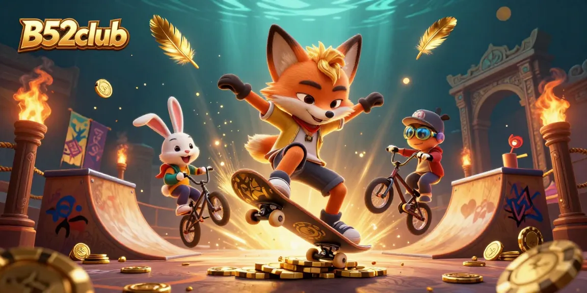 B52club offers thrilling gaming experiences with a skateboarder fox and BMX rabbit in a vibrant casino scene.