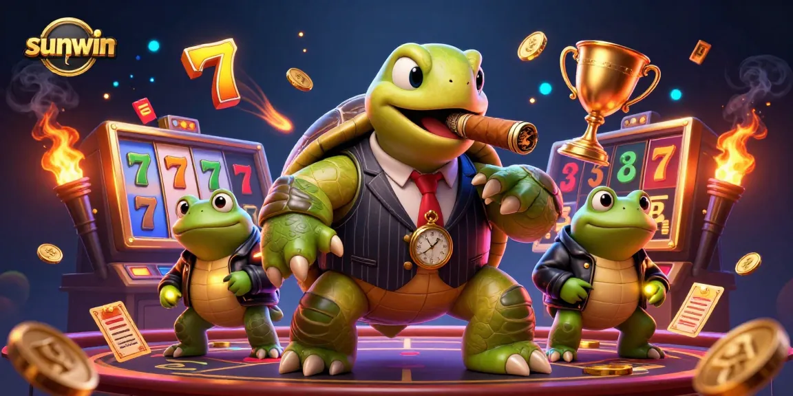Experience the fun at Sunwin with a 3D snapping turtle in a casino scene featuring dynamic game elements.