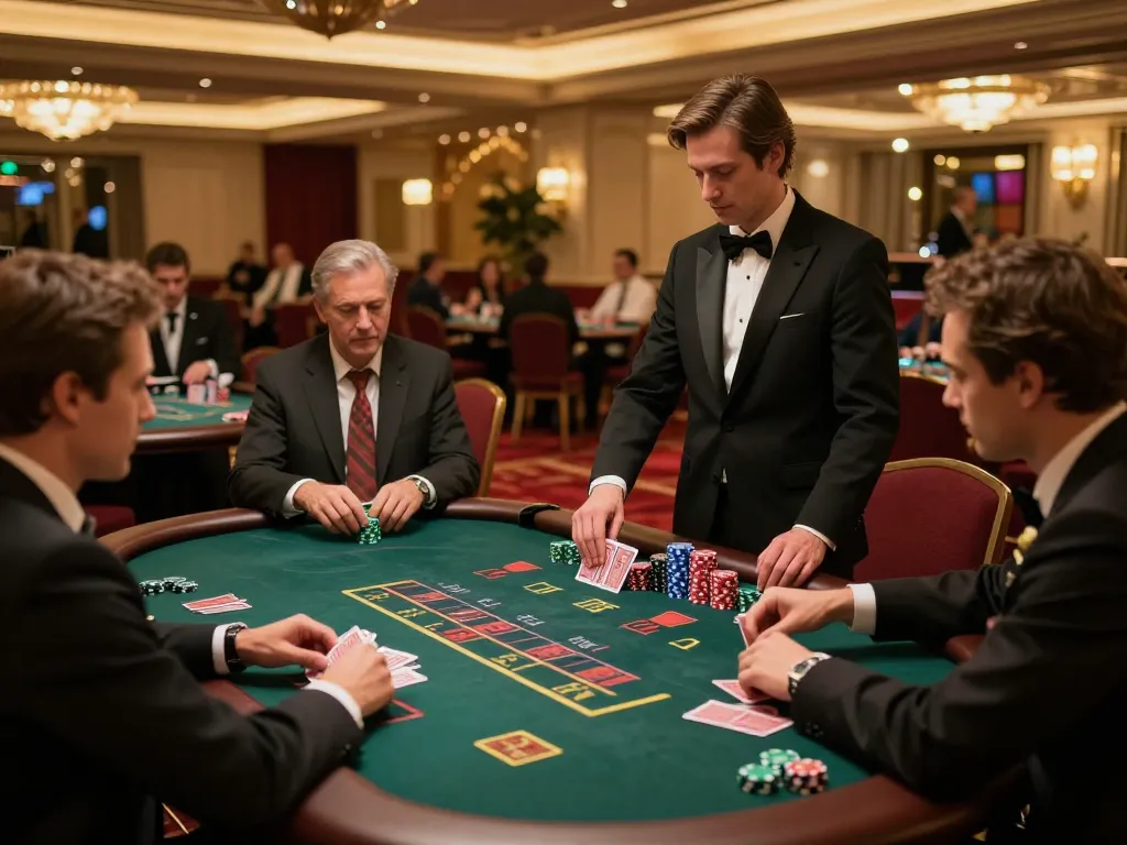Engaging scene of high-stakes blackjack gameplay at a lavish casino, showcasing players and dealer, 68gamebaivn participation.