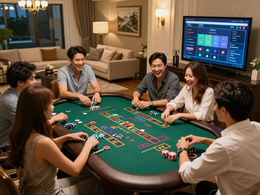 Engaging game of tài xỉu online in a cozy home casino setting with friends enjoying the excitement.
