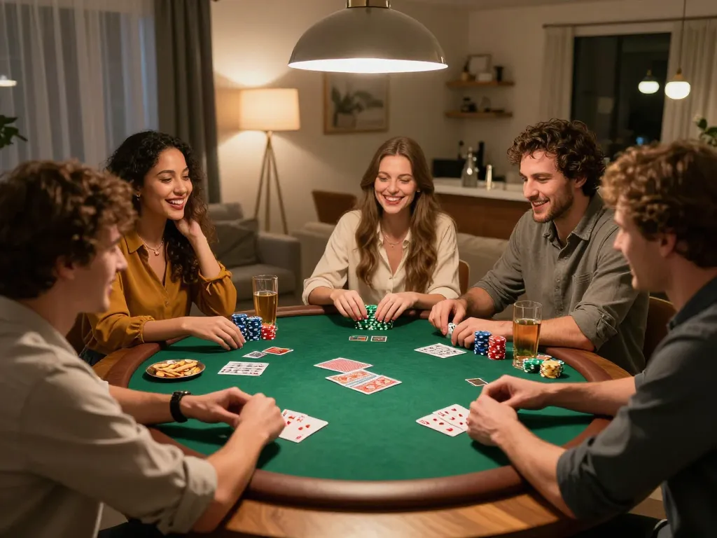 Friends enjoying an engaging poker night at home, highlighting social gaming atmosphere with 78wingo.
