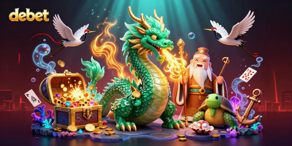 Engage in debet gaming adventures with a jade dragon and wise turtle in vibrant casino-style 3D art.