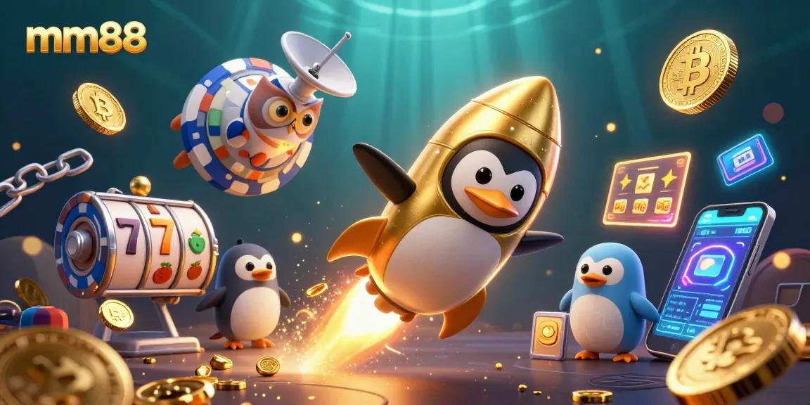 Experience the excitement of mm88 with a golden penguin racing towards a poker chip casino on a cosmic adventure.