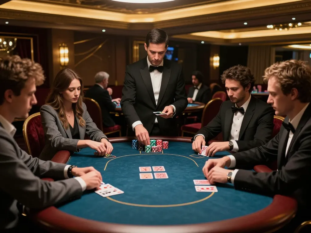 five88 poker game in exclusive casino setting with high-stakes players focused on cards