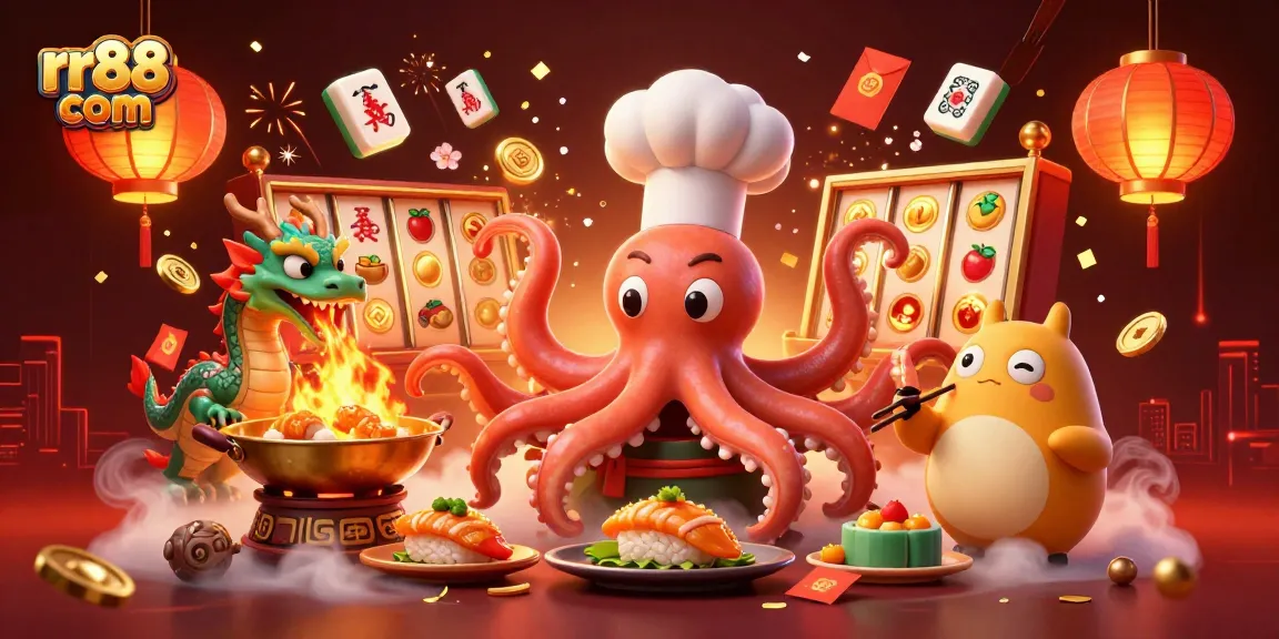 Engage in thrilling gaming with rr88 com's vibrant casino environment featuring an octopus chef and dragon.