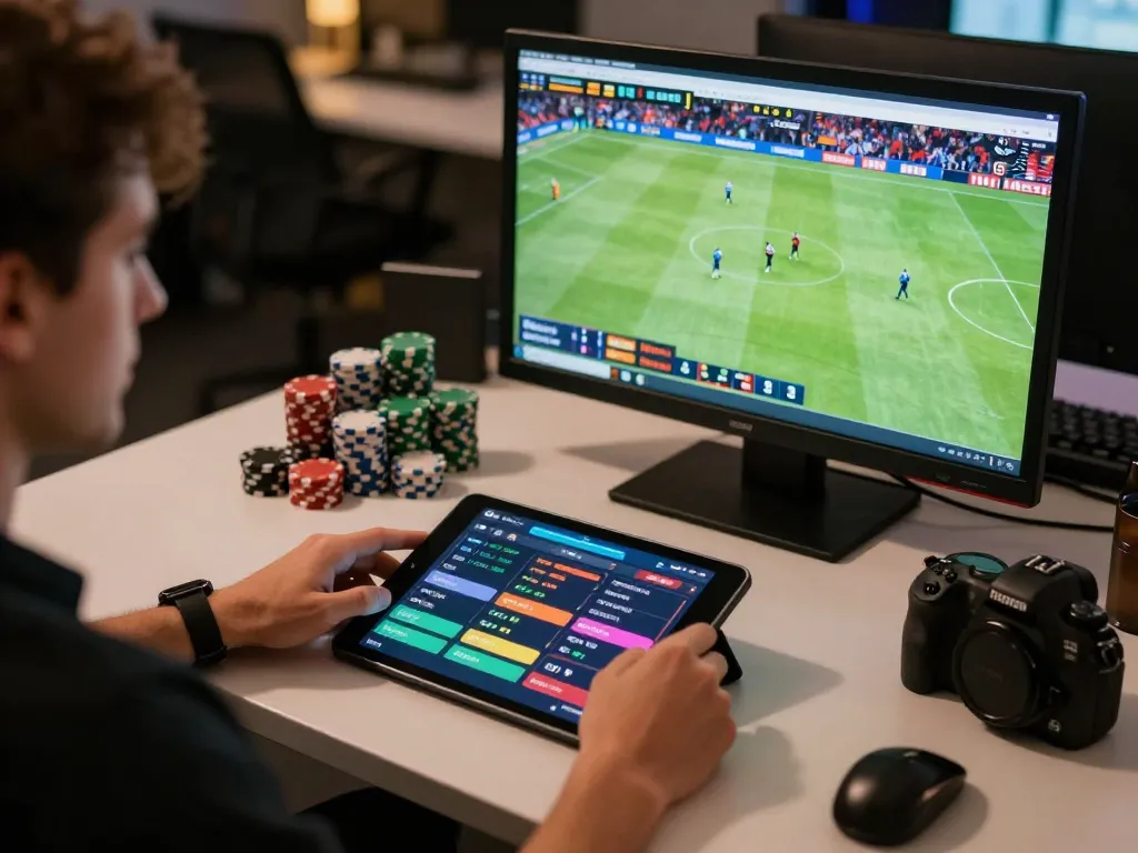 bongdallu user engaging in online sports betting with tablet, showcasing live betting options and excitement.