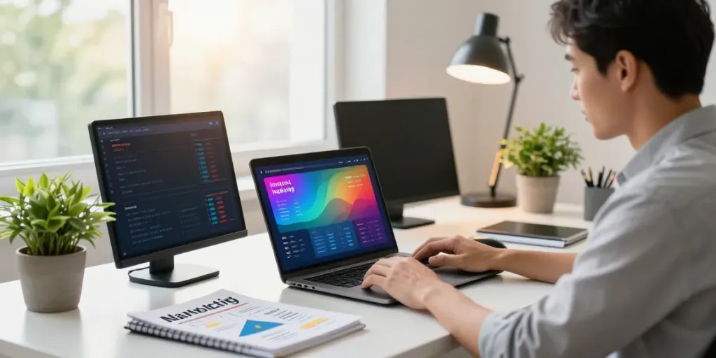 Digital marketer analyzing instant indexing metrics in a modern workspace.