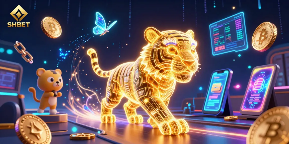 Experience the thrill of SHBET in a vibrant digital casino with a golden tiger and holographic companions.