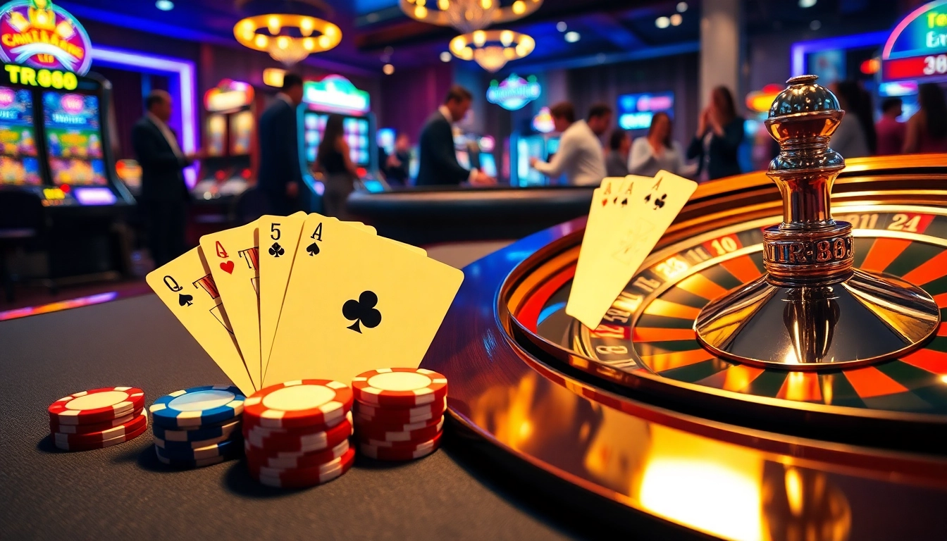 Experience the excitement of TR88 as players engage in thrilling casino games with vibrant poker chips and illuminated slot machines.
