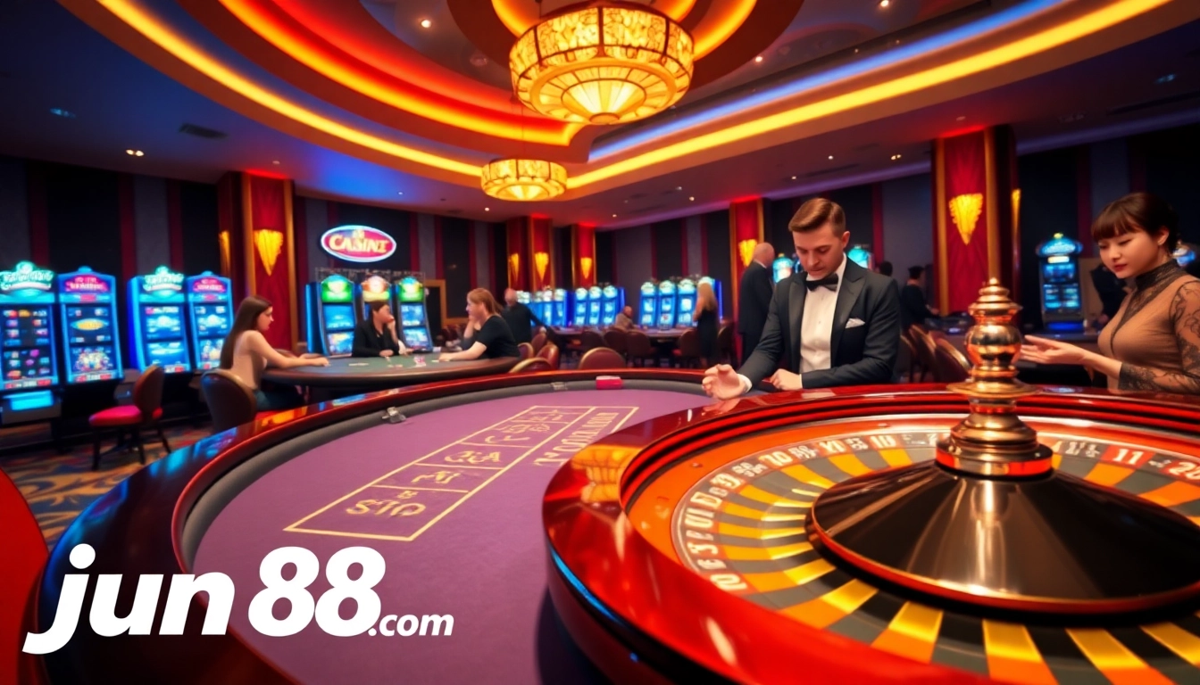 Engaged players enjoying games at jun88 com casino, highlighting roulette and poker excitement.