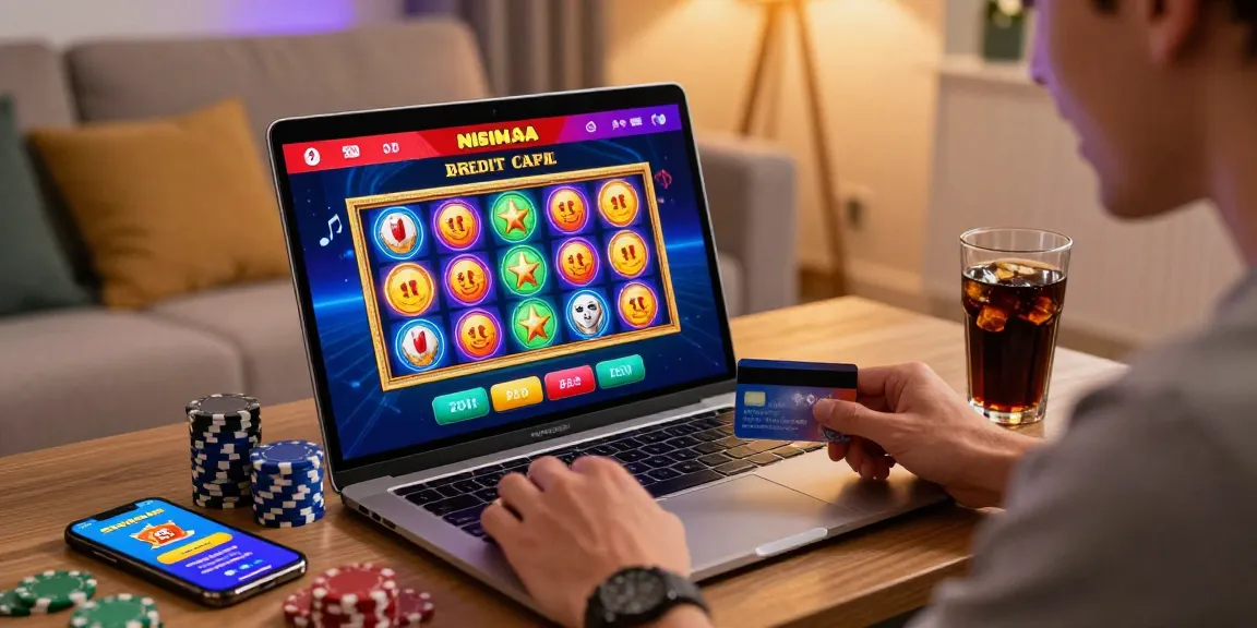 Excited player enjoying credit card casinos at home with colorful games and bonuses visible
