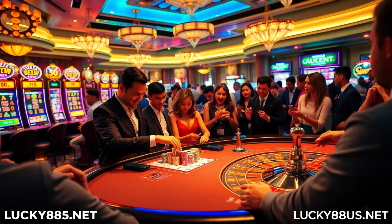 Players enjoying an exciting game at a casino table at LUCKY88US.NET with vibrant chips and cards.