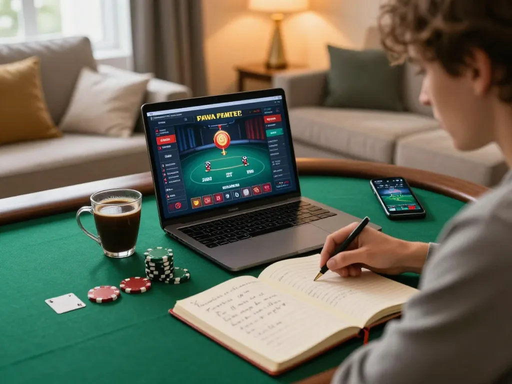 Engaged player at Trang chủ vb88 enjoying online poker game at home with strategy notes.