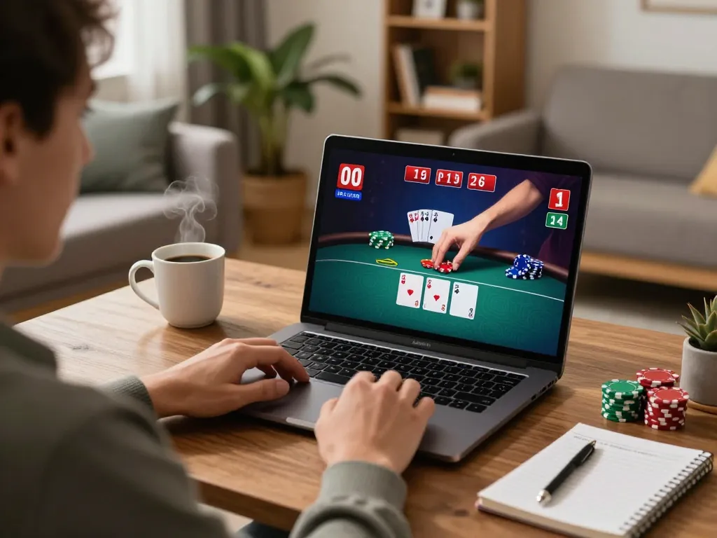 Home gaming scene showcasing MM88 poker action on a laptop with strategic bets and cozy atmosphere.