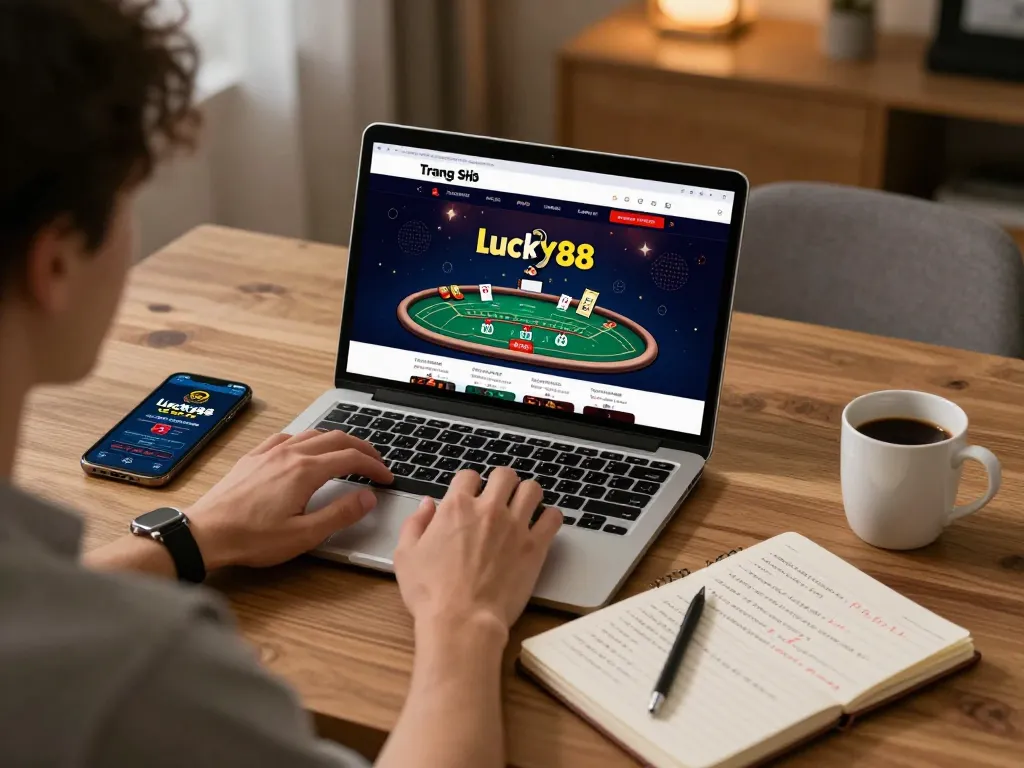 Engaging online gaming experience on Trang chủ Lucky88 with live dealer blackjack on laptop.
