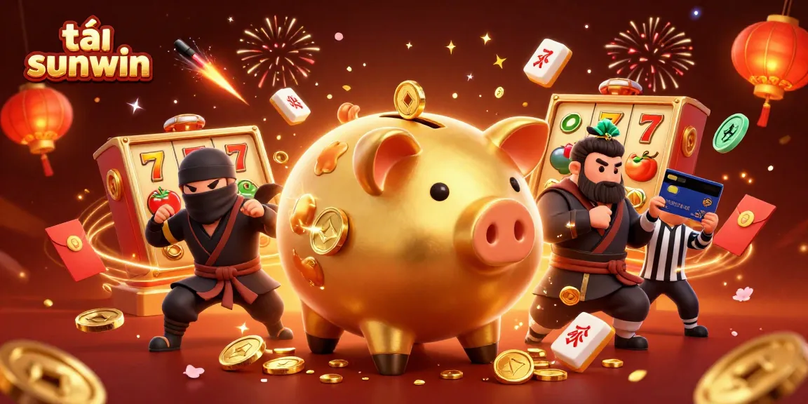 Experience exciting gameplay with tải sunwin as a golden piggy bank sumo wrestler shakes loose coins.