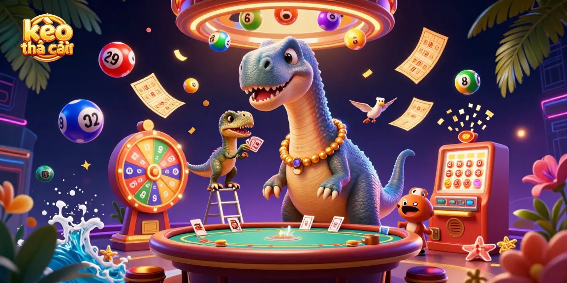 Engage with the vibrant kèo nhà cái scene featuring a giant brontosaurus interacting with a clever raptor amidst colorful casino elements.