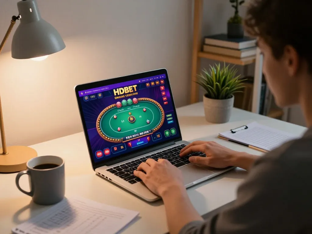 Engaging in HDBET online casino gaming at home with vibrant game interface and cozy setup.