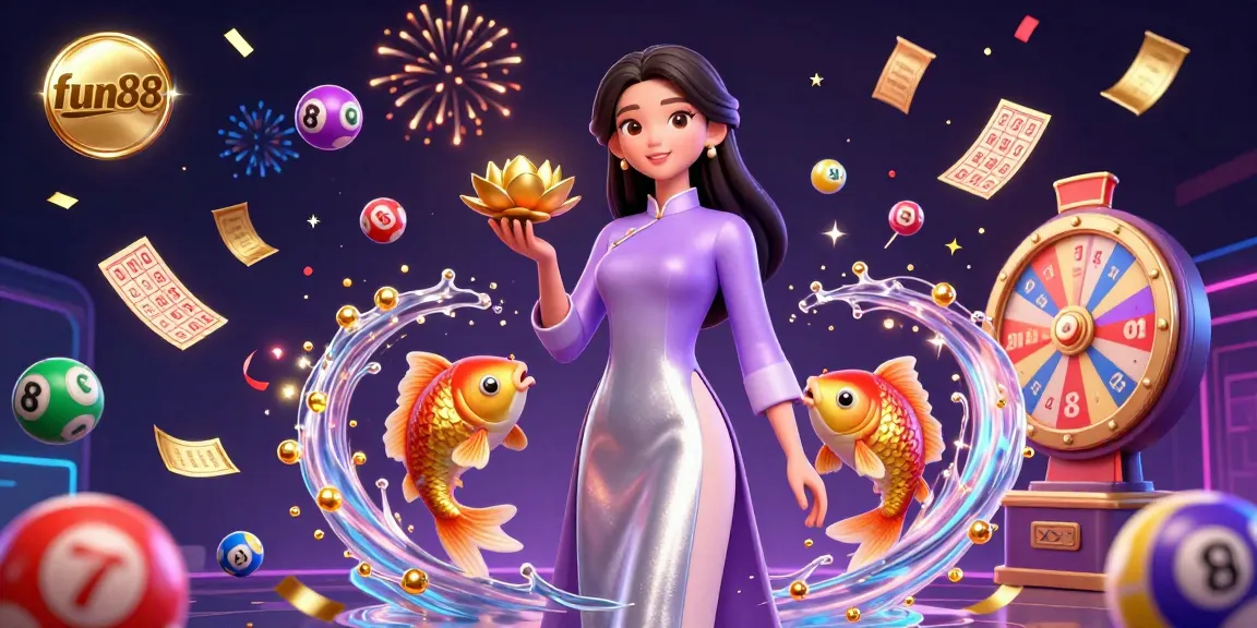Experience fun88's vibrant lottery and gaming atmosphere with a captivating Asian woman and golden koi fish.