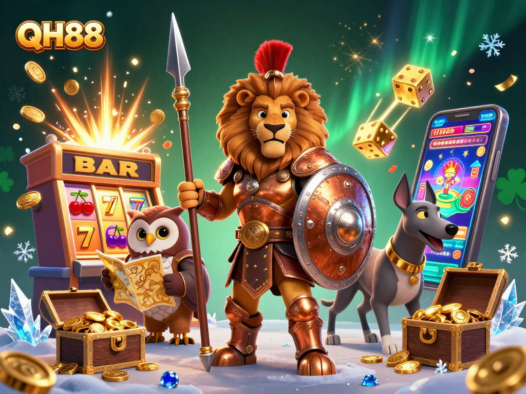 Experience thrilling gameplay at QH88 with a vibrant casino scene featuring lucky symbols and dynamic characters.