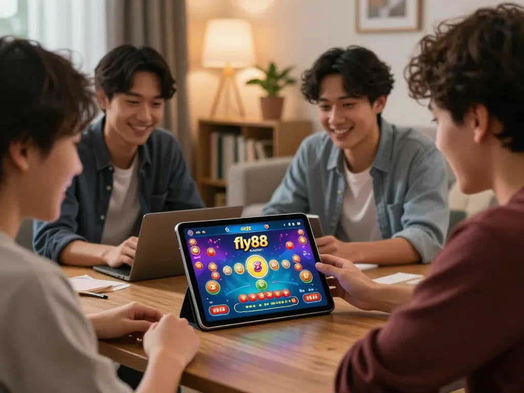 Players enjoying fly88 online casino games on tablet in a cozy living room setting.