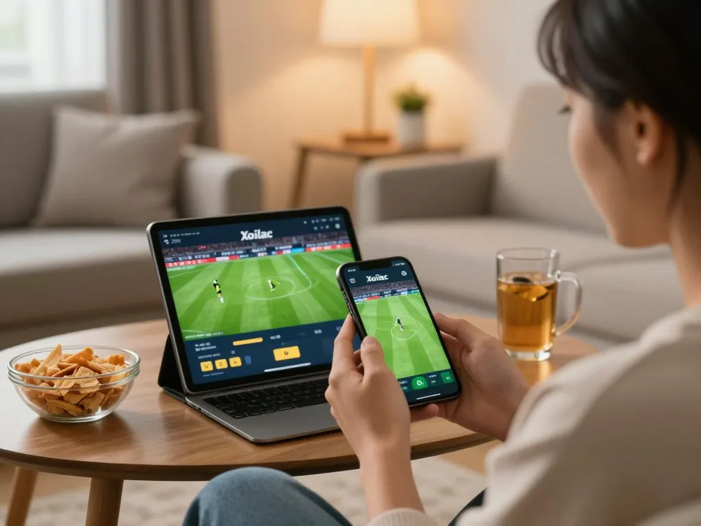 Xoilac user enjoying live sports streaming on a smartphone with a tablet showing betting options.