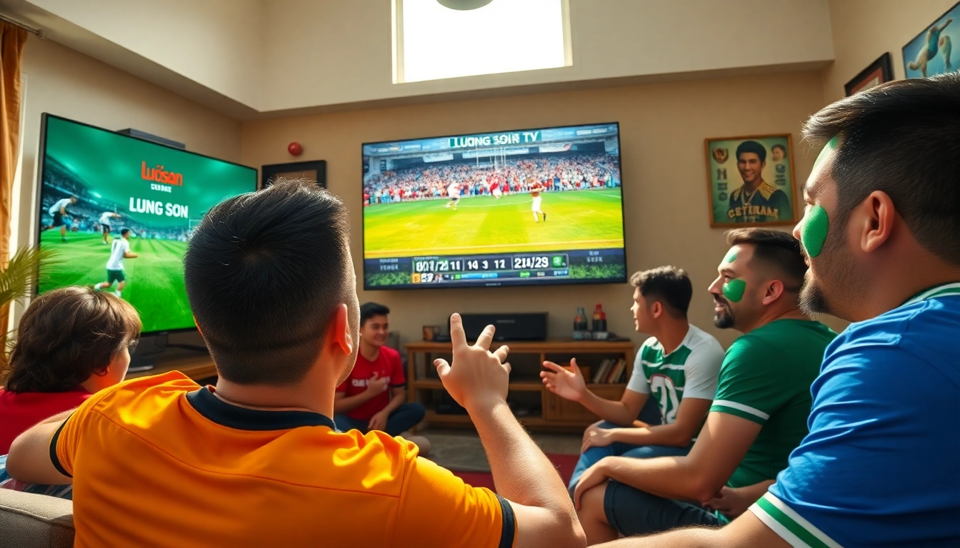 Excited fans enjoying quality live football on Luong Son TV in a lively setting.