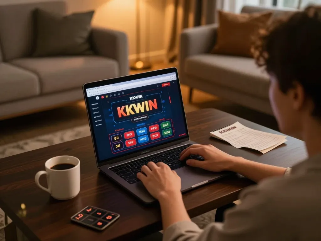 Engaged player using KKWIN online casino interface on laptop in cozy home setting