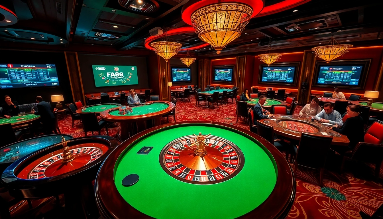 Experience the excitement of fa88 at an upscale casino with lively tables, poker chips, and a spinning roulette wheel.