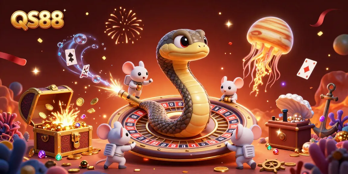 Bet on vibrant games at QS88 while colorful jellyfish and astronaut mice animate the cosmic casino.