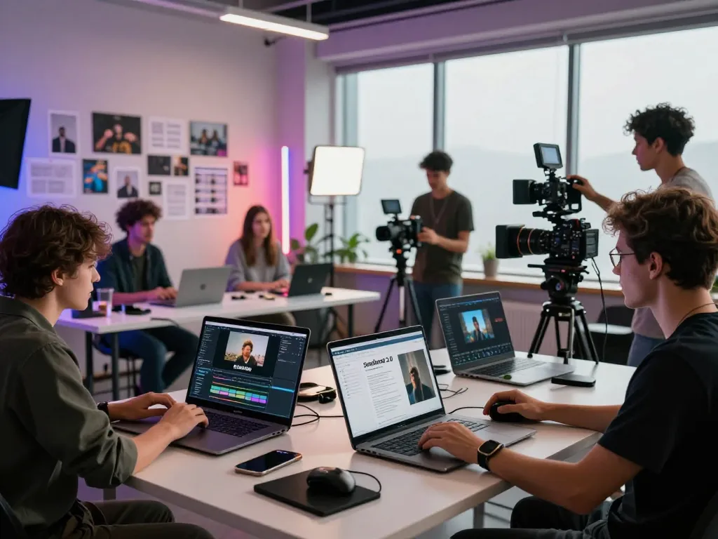 Diverse creative team using seedance 2.0 ai for advanced video production in a modern studio setting.