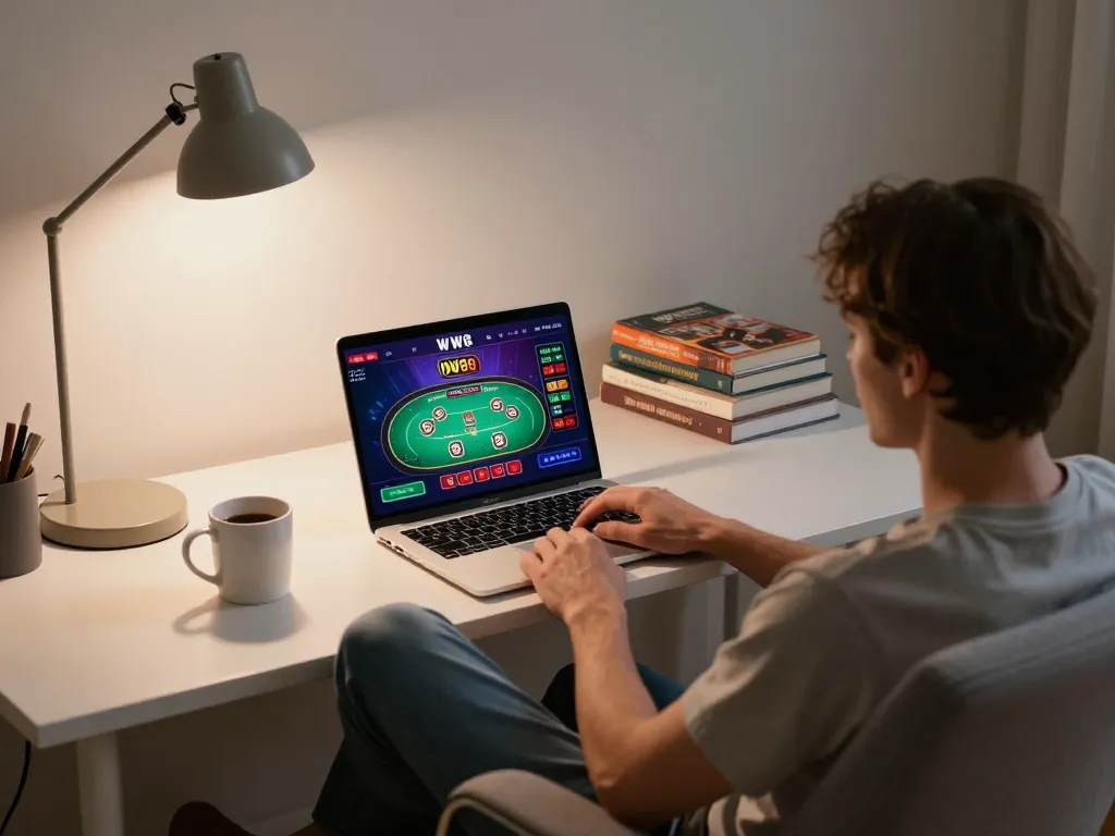Engaging in online gambling on the WW88 platform with a laptop showcasing poker gameplay