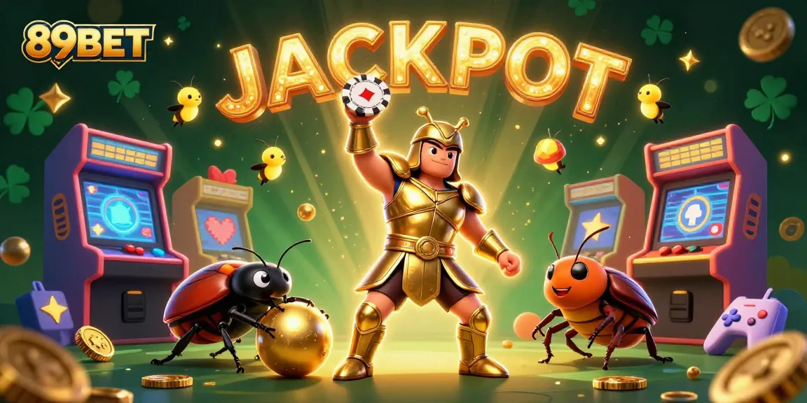 Experience 89BET's winning atmosphere with a victorious beetle lifting a poker chip amidst vibrant casino elements.