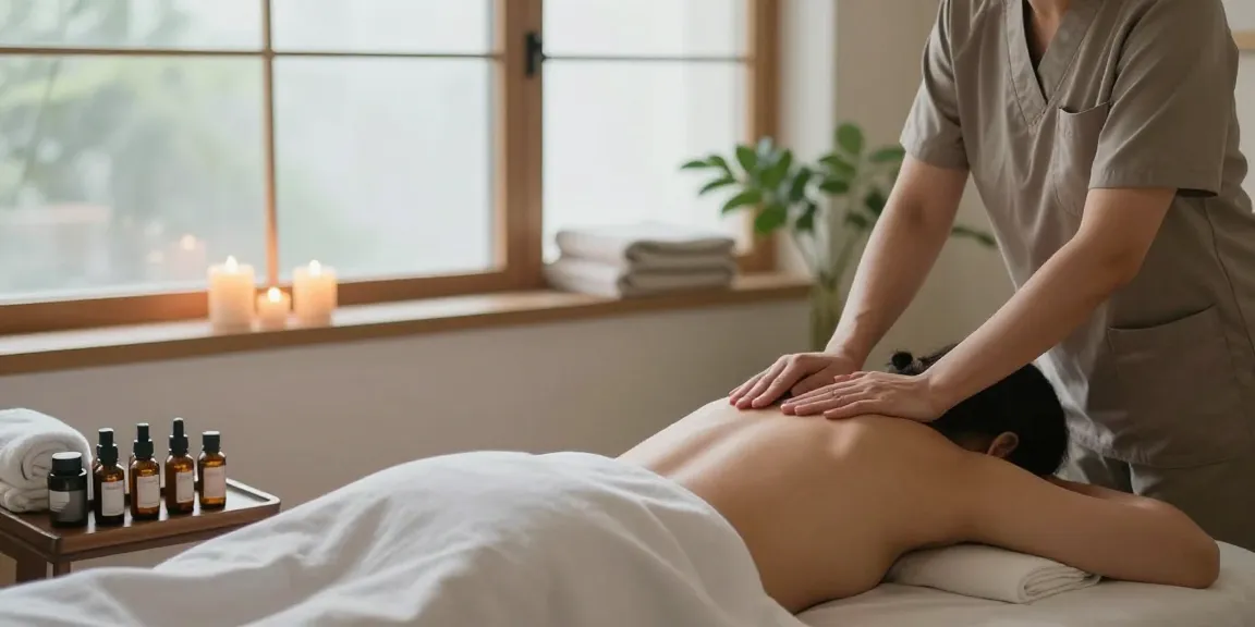 여의도출장마사지 session in a calming therapy room with soft lighting and essential oils.