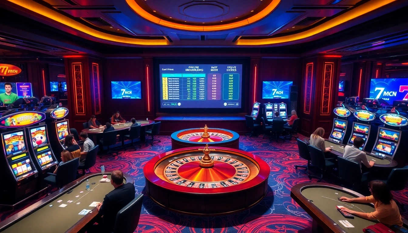Players engaging in poker and roulette, featuring 7mcn sports scores on display.
